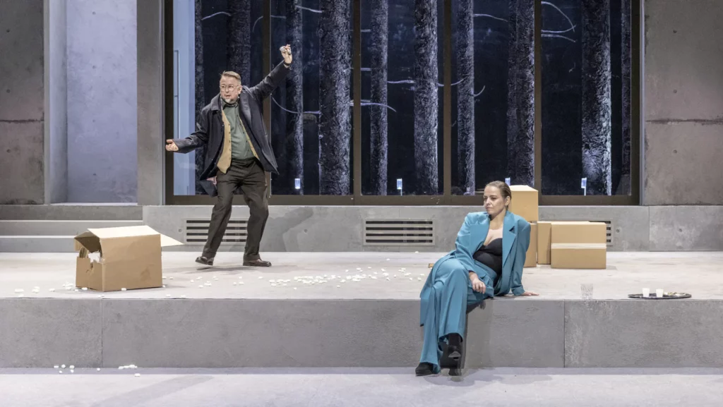 Výpravu vytvořily maďarské výtvarnice Fruzsina Nagy (kostýmy) a Juli Balázs (scéna). Na snímku Marek Daniel (JUDr. Brack) a Pavla Beretová (Heda Tesmanová). Foto Patrik Borecký